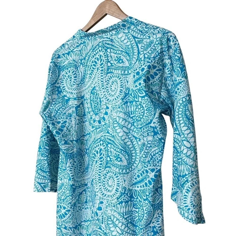 ANAYA Women's XL Blue Paisley Tunic Dress V-Neck Long Sleeve Casual Cotton Beach - Picture 8 of 12